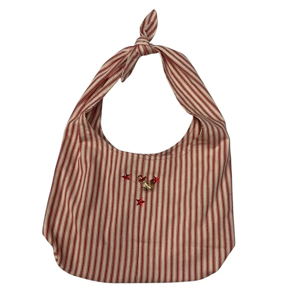 Striped Hobo Bag Red White Nautical‎ Anchor Stars Tie Strap Shoulder Bag